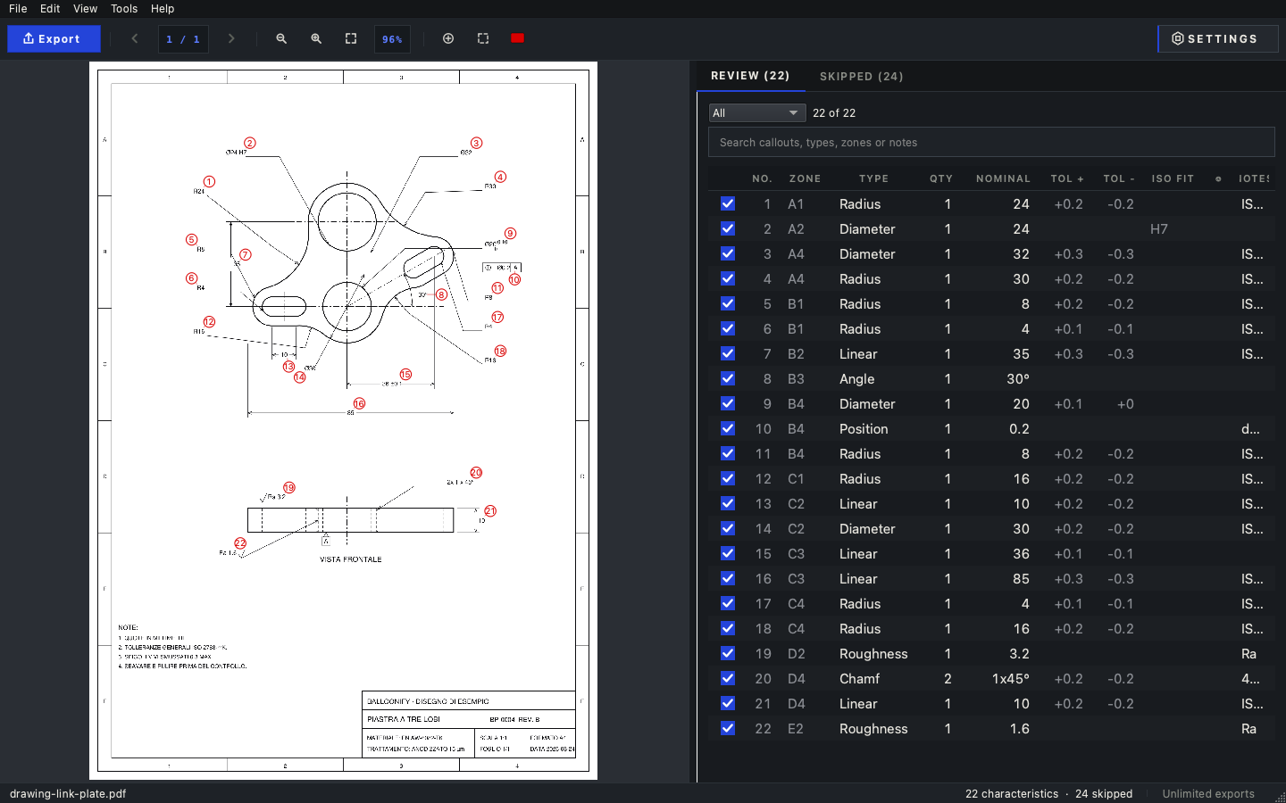 Balloonify main window: a mechanical drawing on the left with numbered red balloons beside each callout, and a 22-row review table on the right listing type, quantity, nominal, tolerances and ISO fit.