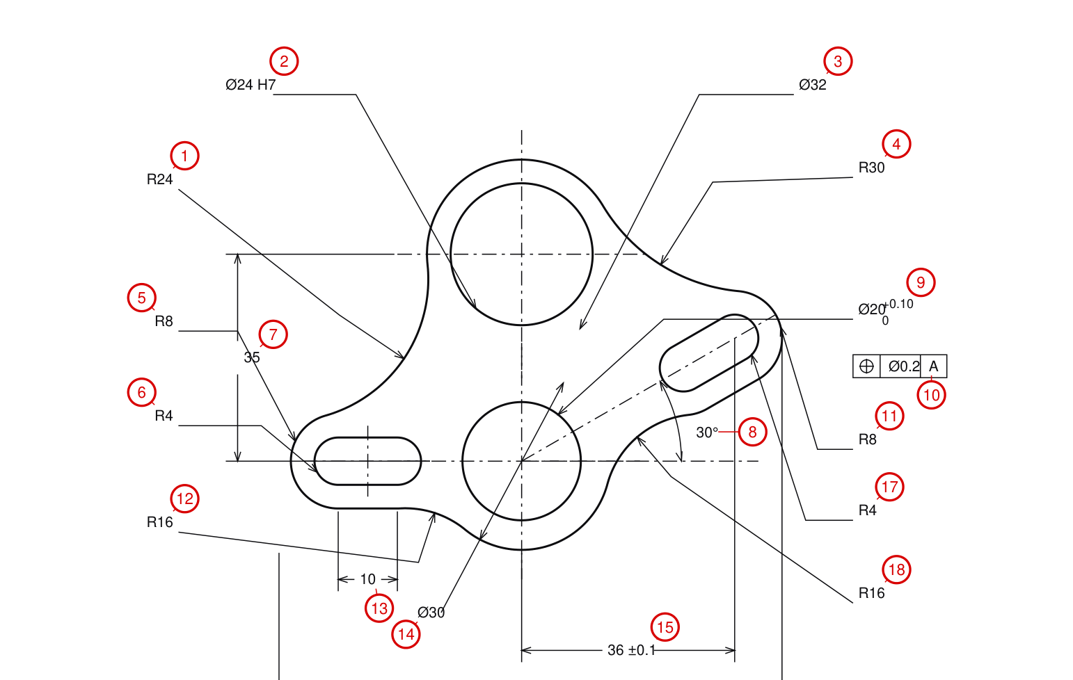 Close-up of the ballooned drawing: red numbered circles placed beside each dimension callout, never covering geometry or other balloons.