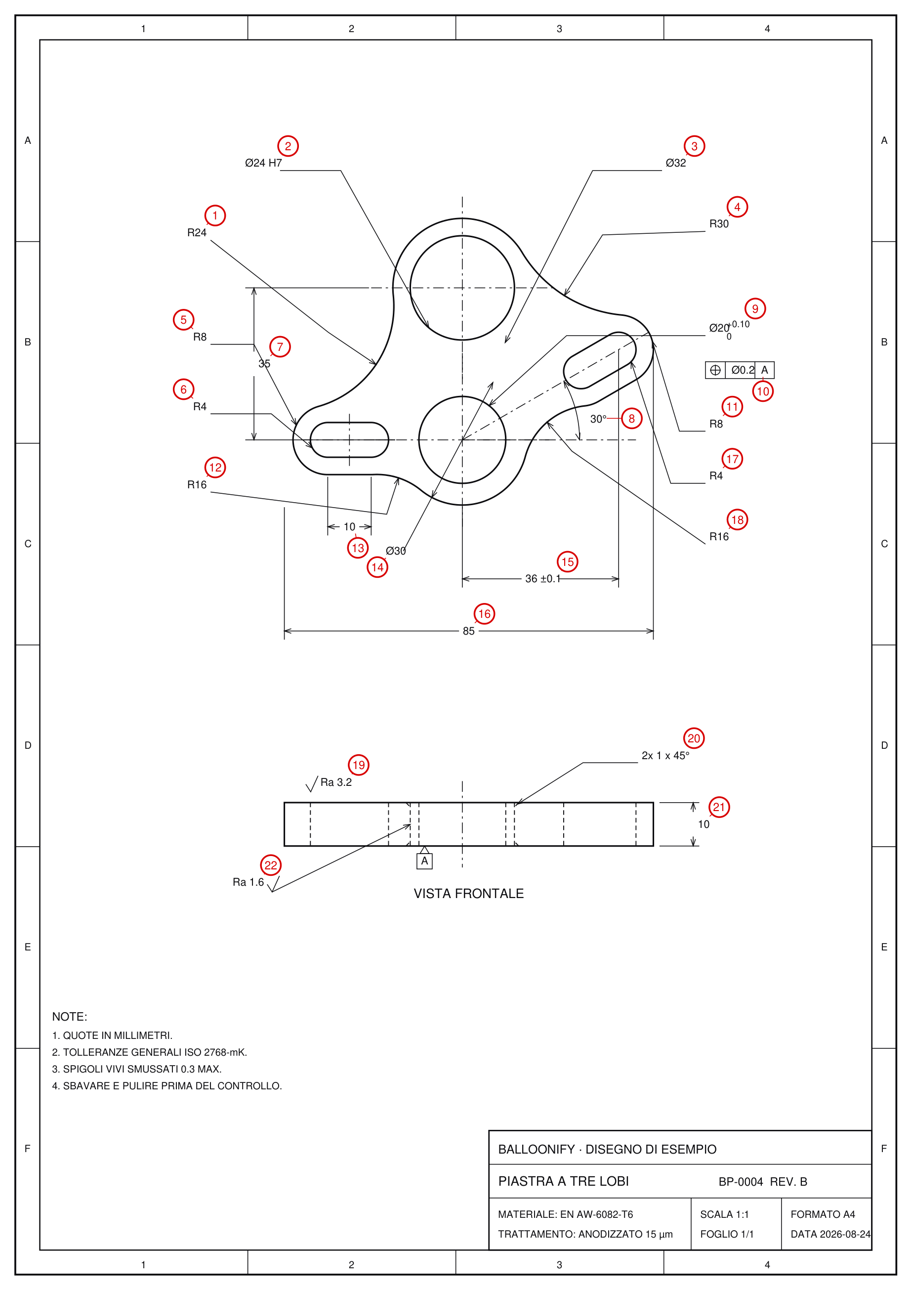 The exported BALLOON PDF page: the same drawing with numbered balloons placed next to every characteristic callout.